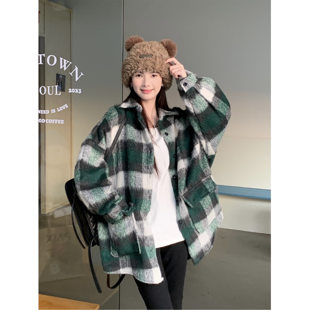 日本offcat复古绿色格子慵懒宽松休闲夹克加厚毛呢衬衫上衣外套