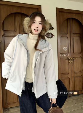 PPHOME新款连帽拼接假两件加绒保暖冲锋款宽松显瘦百搭棉服外套