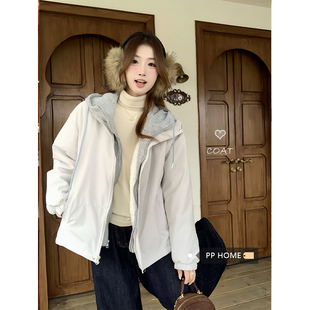 PPHOME新款连帽拼接假两件加绒保暖冲锋款宽松显瘦百搭棉服外套