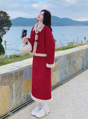 日本offcat新中式国风红色套装裙女冬2025新款毛绒拼接羽绒外套半