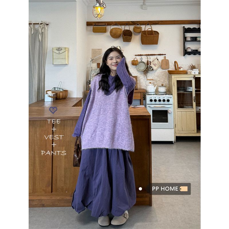 日本offcat复古宽松叠穿针织马甲背心女秋冬紫色毛衣内搭花苞裙三