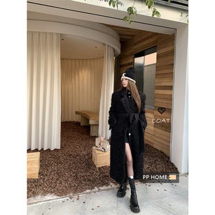 日本offcat高级感亮丝加厚毛呢风衣外套女秋冬黑色宽松中长款呢子