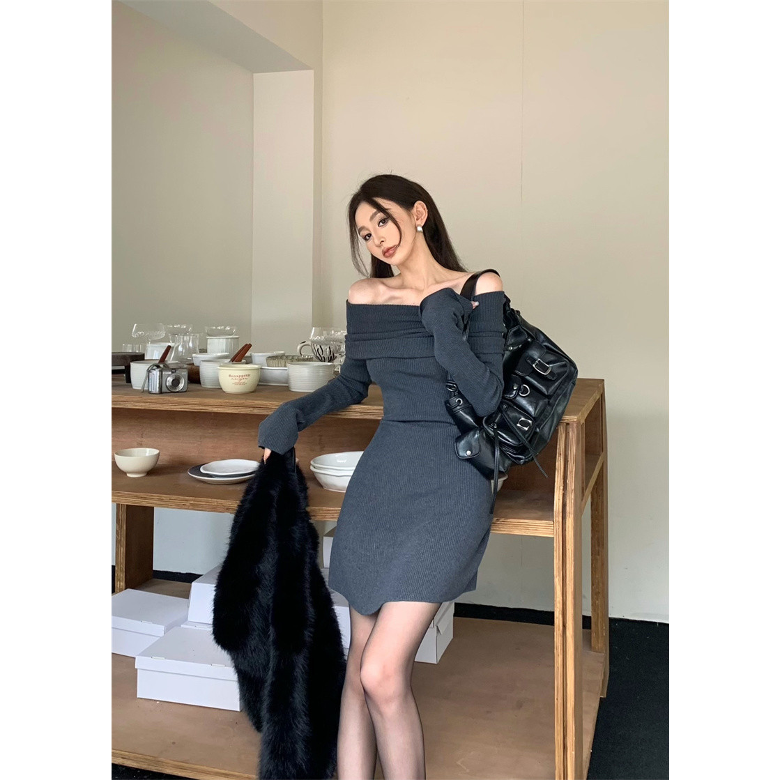 MURANDM/实拍实价  韩版气质露肩一字领针织连衣裙