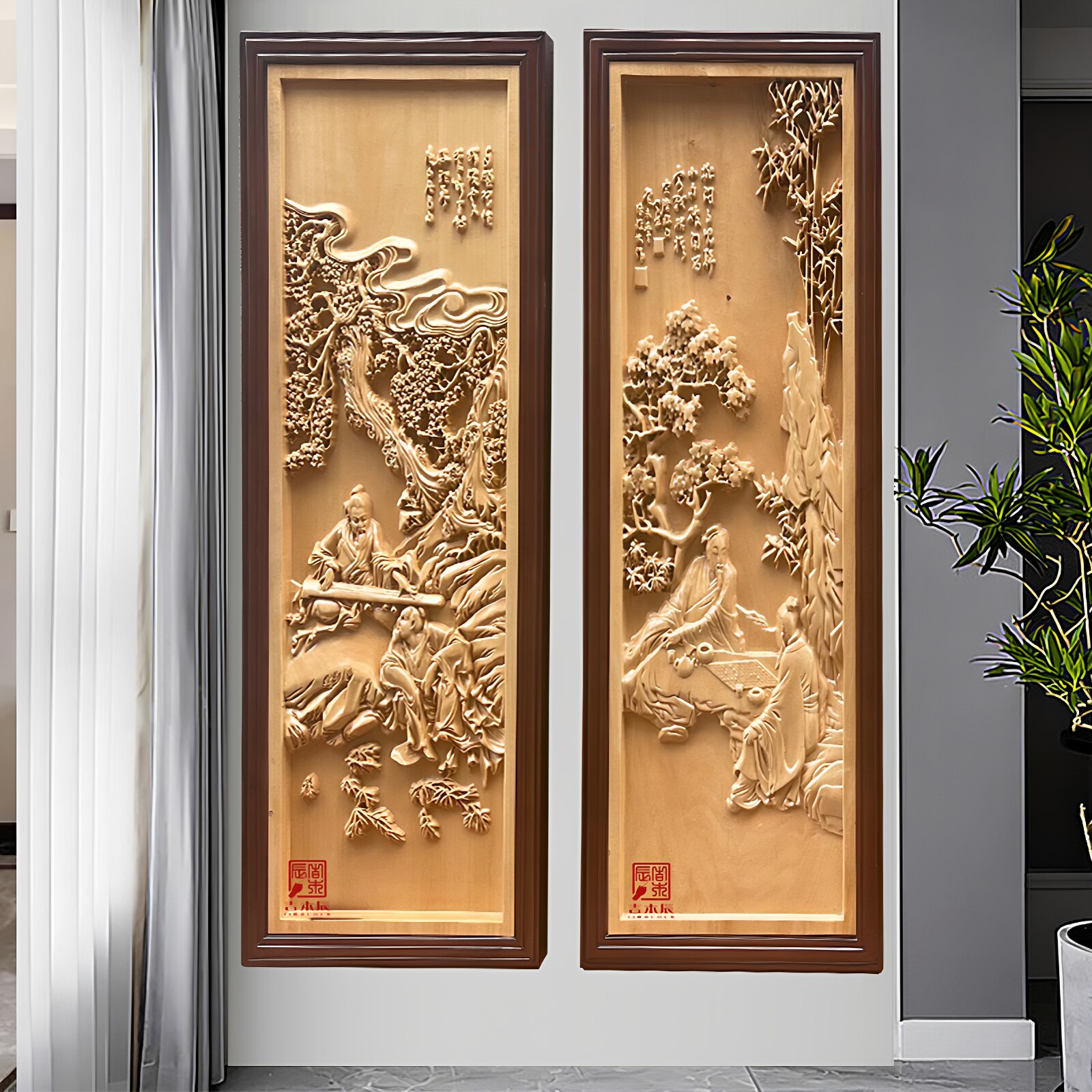 东阳木雕实木手工入户门客厅背景墙挂件人物琴棋书画一套独板椴木