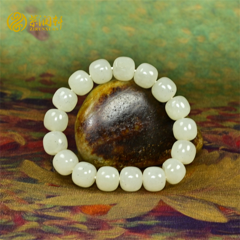 已结缘新疆和田玉籽料手链青白玉飘点墨老型珠手串哑光男女款精品