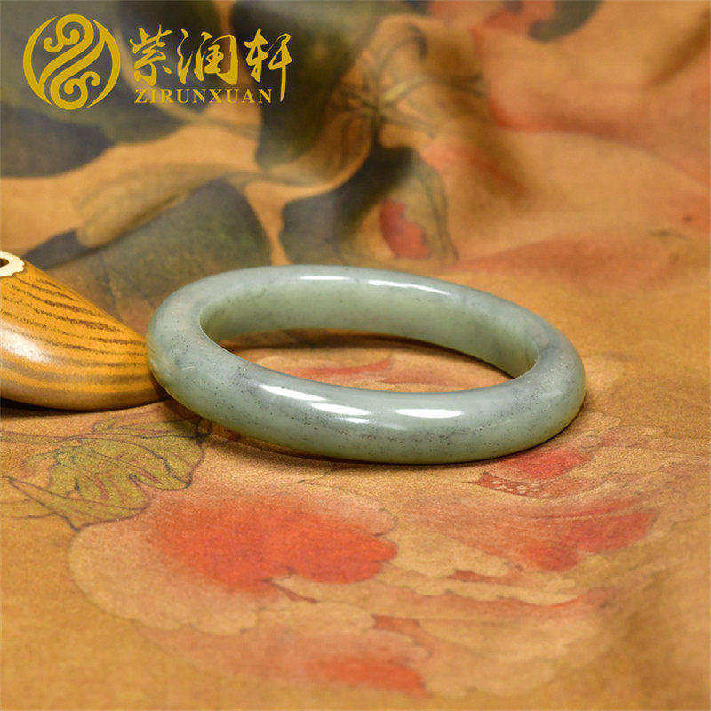紫润轩新疆和田玉青白玉手镯59 8MM且末料闪青花亚光高油收藏