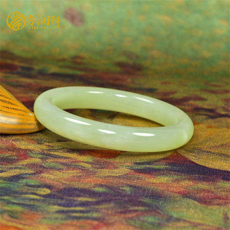 紫润轩新疆和田玉冰底手镯58 8MM且末料暖青白玉镯子高油收藏级