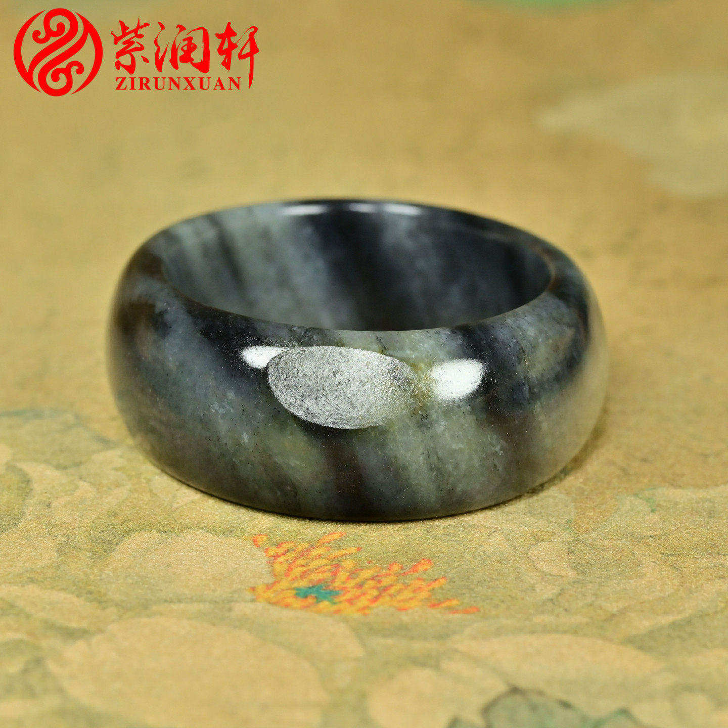 紫润轩新疆和田玉籽料手镯47MM白玉底水墨青花洒金皮小圈口收藏级