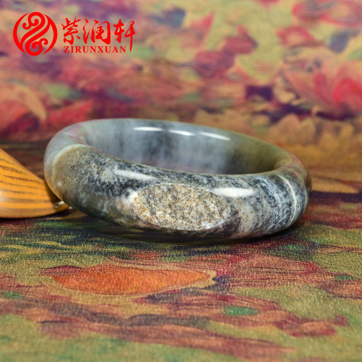 紫润轩新疆和田玉糖青花籽料手镯57 8MM四色白皮籽镯正装哑光传家