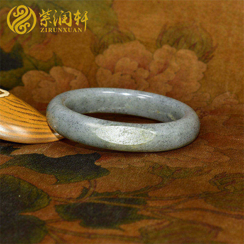 紫润轩新疆和田玉籽料青花手镯素面大圈口61MM哑光洒金皮支持复检
