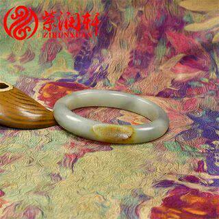 紫润轩新疆和田玉籽料聚皮手镯水墨青花鹿皮泥鳅背58MM亚光收藏级