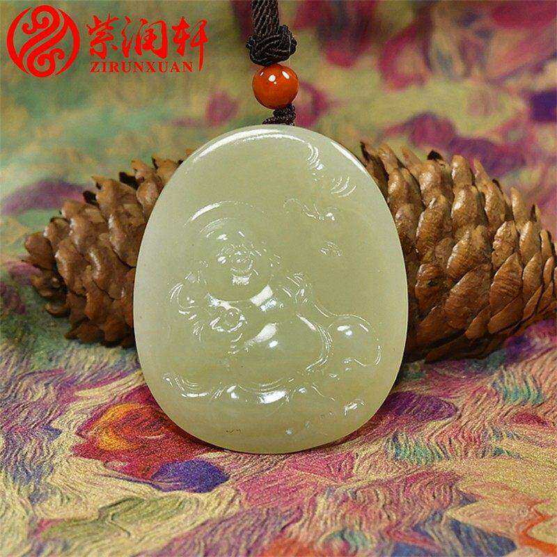 紫润轩新疆和田玉佛公吊坠暖青白玉弥勒佛笑佛挂件且末料精品