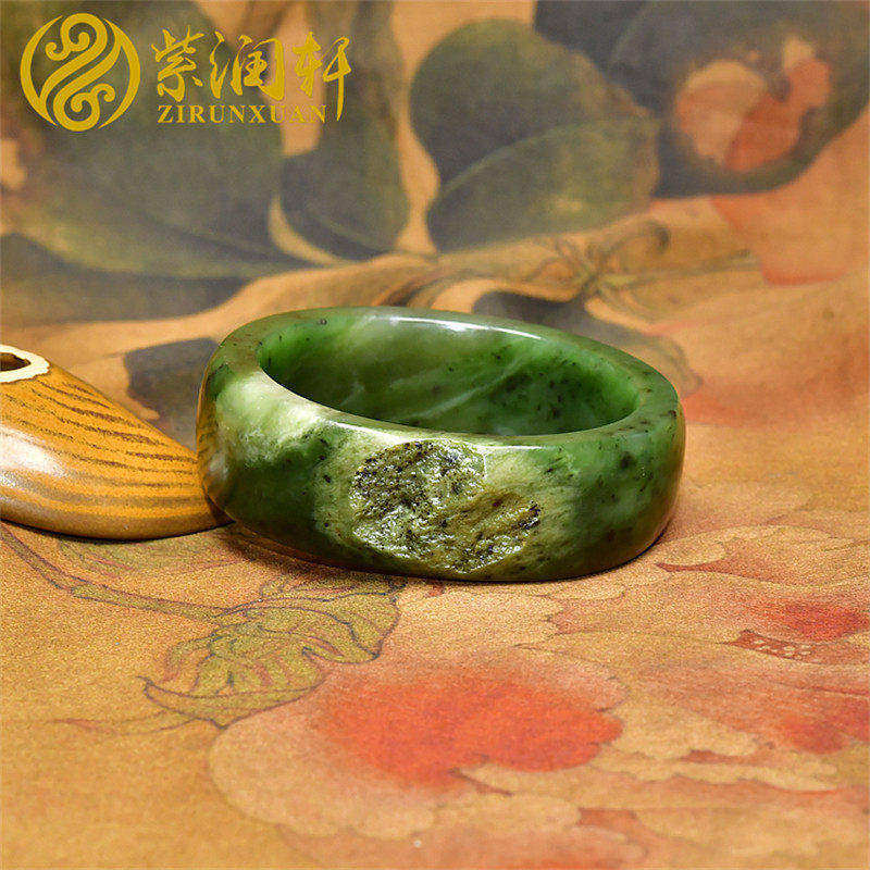 紫润轩新疆和田玉方条碧玉籽料手镯55MM玛纳斯留皮菠菜绿收藏级