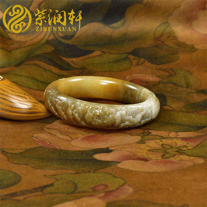 紫润轩新疆和田玉糖青花玉手镯雕花凤穿牡丹玉镯54MM哑光蜜糖珍品
