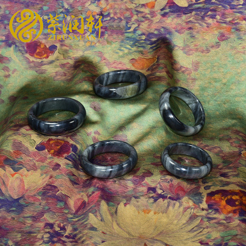 紫润轩疆和田玉手镯水墨青花籽料意境玉镯宽版轮胎镯子金皮收藏级