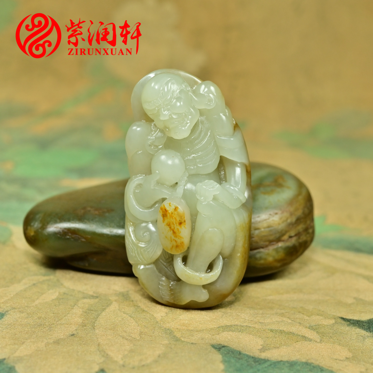紫润轩新疆和田玉青白玉籽料多宝罗汉手把件洒金皮独籽挂件传家级