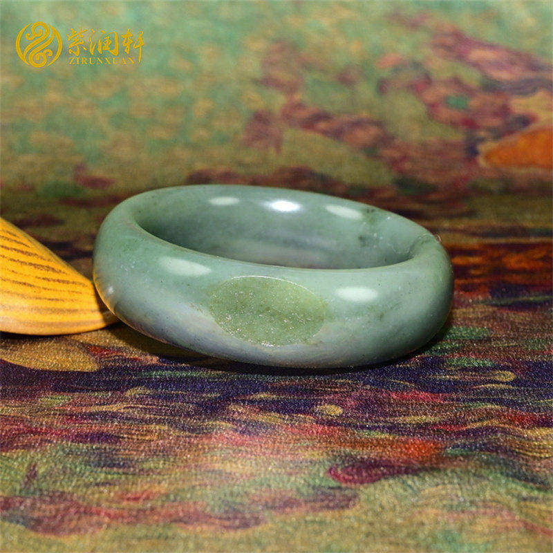 紫润轩新疆和田玉籽料翠青手镯宽版青白聚翠青亚光手镯59MM传家级