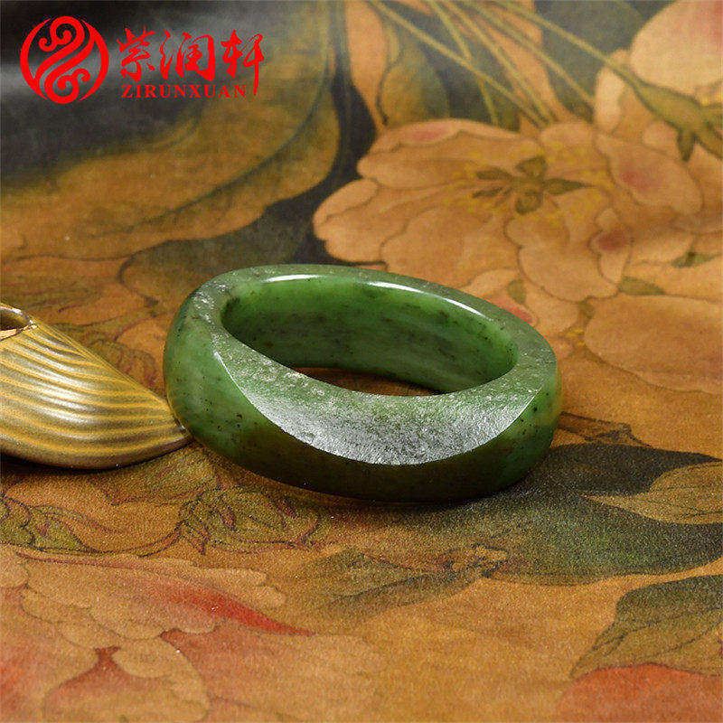 紫润轩新疆和田玉籽料碧玉手镯55MM糖沁皮菠菜绿满皮随形厚装宽版