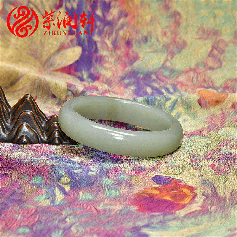 紫润轩新疆和田玉贵妃籽料手镯高青白满皮玉镯哑光56MM玉镯收藏级