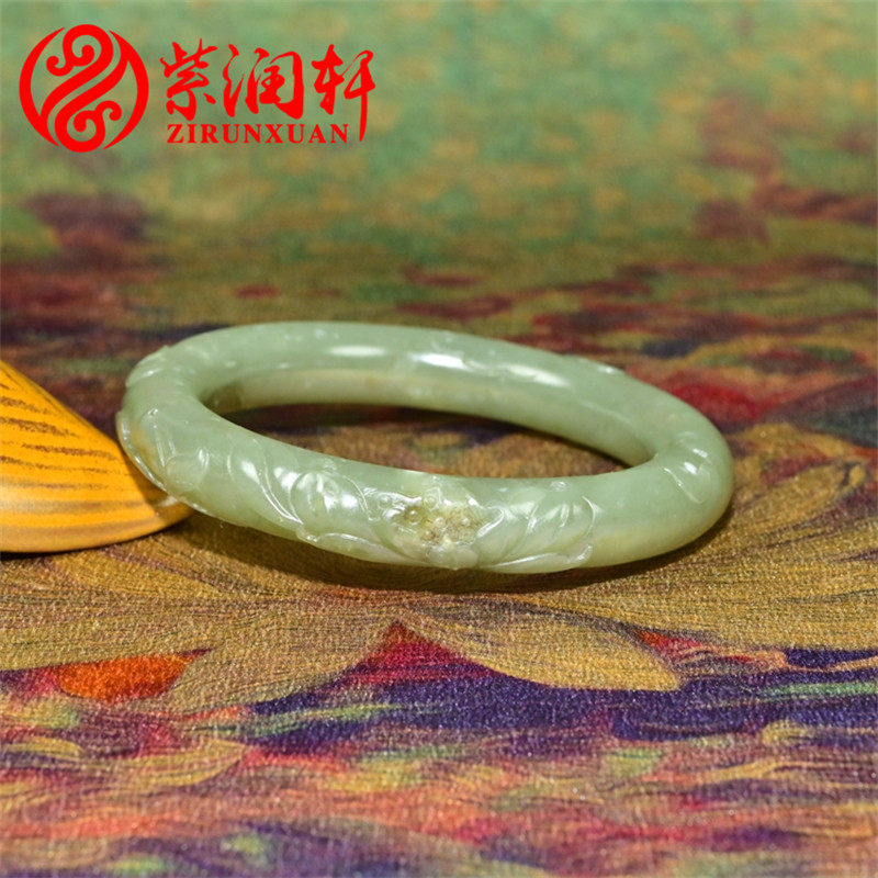 紫润轩新疆和田玉青玉籽料手镯56 5MM鸭蛋青圆条莲花荷花连年有余