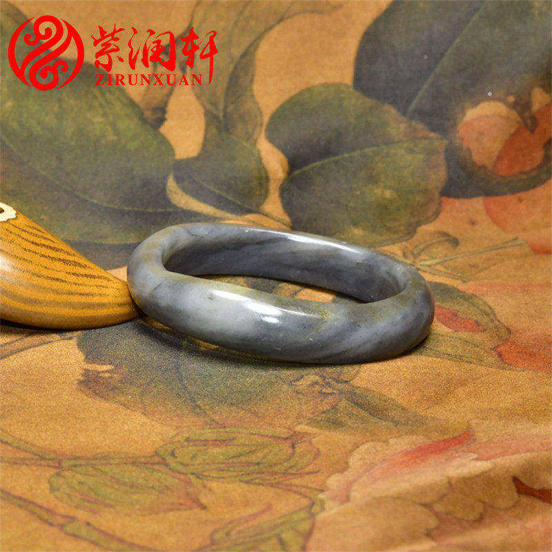 紫润轩新疆和田玉满皮随形水墨青花籽料手镯贵妃镯54MM女神款