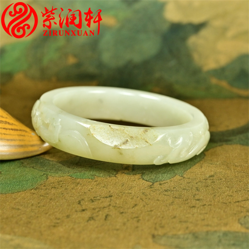 紫润轩新疆和田玉籽料龙凤呈祥手镯57洒金皮高青白苏工哑光传家级