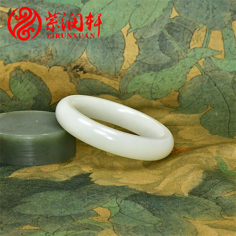 紫润轩新疆和田玉白玉满皮籽料手镯羊脂玉留皮正装条55 8MM传家级