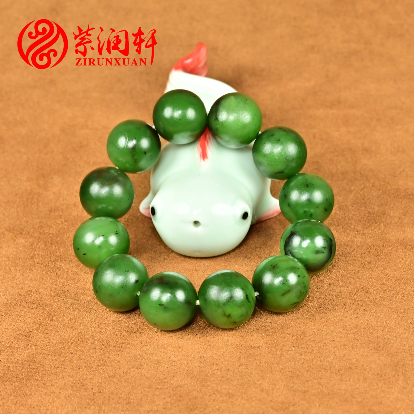 和田玉碧玉籽料手链菠菜绿圆珠