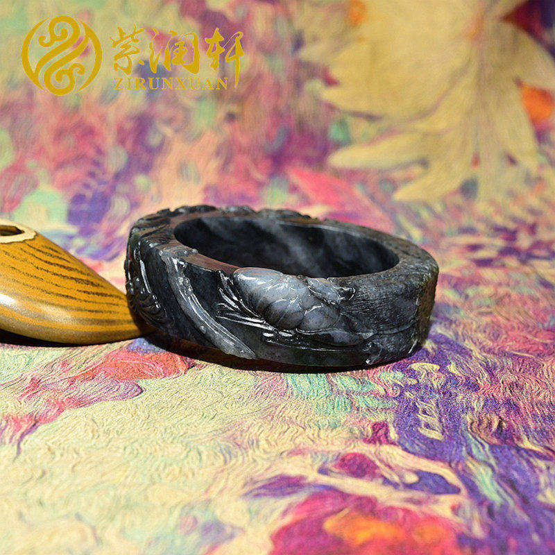 紫润轩新疆和田玉籽料手镯黄皮青花水墨方条意境55莲花哑光传家级