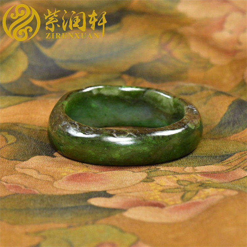 紫润轩新疆和田玉戈壁籽料碧玉手镯满皮黑皮厚装菠菜绿56传家级