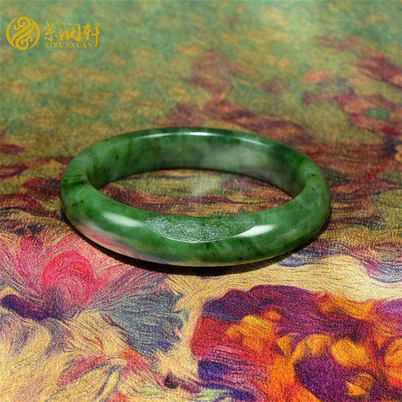 紫润轩新疆和田玉碧玉籽料手镯菠菜绿哑光留皮59MM天然籽镯珍品