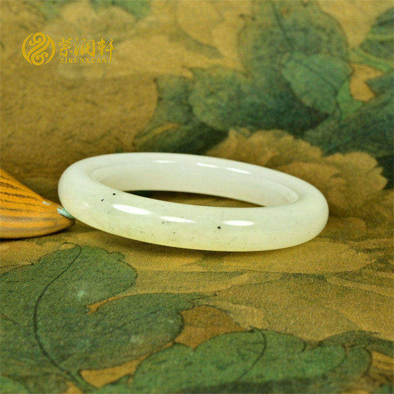 紫润轩新疆和田玉白玉手镯且末料飘浅糖点墨白玉镯子57 8MM传家级