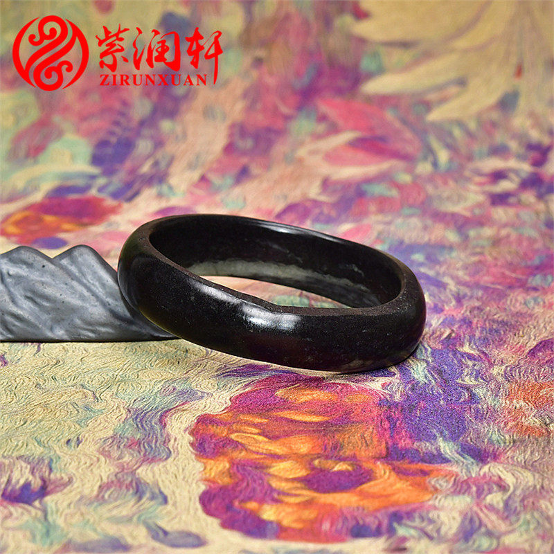 紫润轩新疆和田玉青花籽料手镯意境聚墨玉镯58 5MM随形满皮女神款