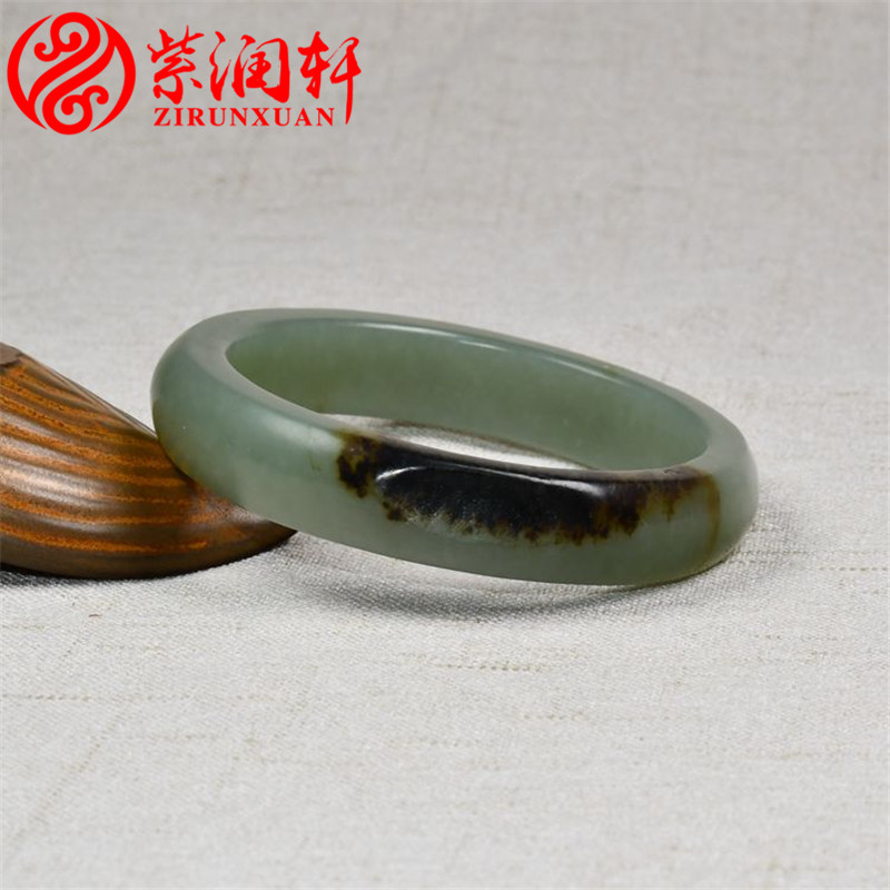 紫润轩新疆和田玉青玉黑皮籽料手镯沙枣青玉镯56 7MM哑光女神款