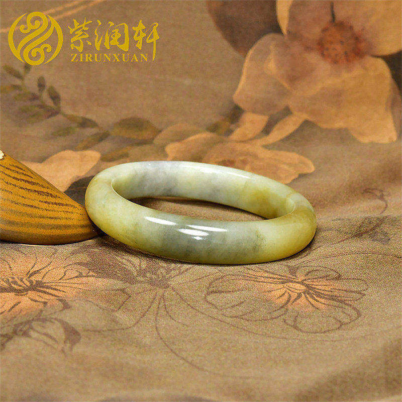紫润轩新疆和田玉手镯糖黄青花玉53MM黑山料亚光肥厚条女神款精品
