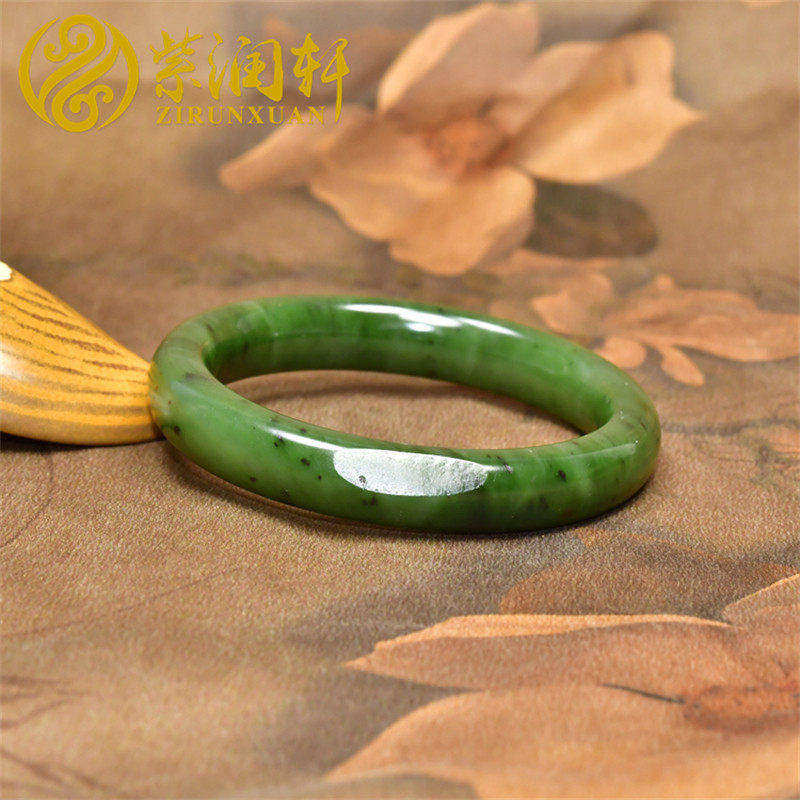 紫润轩新疆和田玉碧玉籽料手镯菠菜绿哑光留皮59MM天然籽镯传家级