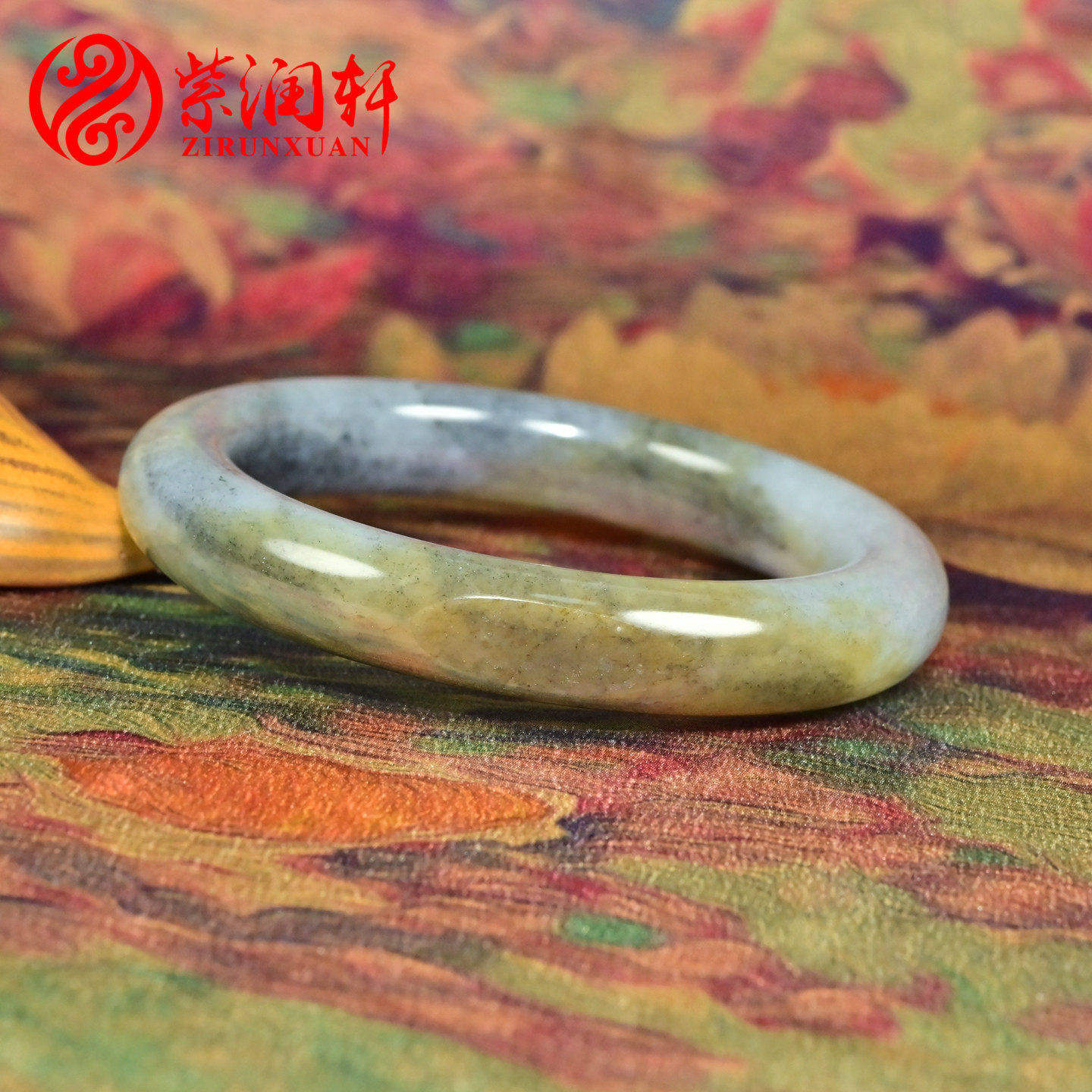 紫润轩新疆和田玉糖青花籽料手镯59 5MM留糖皮三色籽镯哑光收藏级