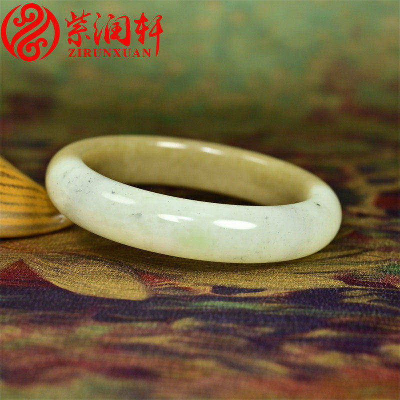紫润轩新疆和田玉糖青白手镯闪青花飘翠青四色53 5MM哑光传家级