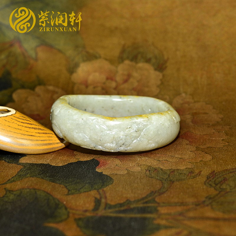 紫润轩新疆和田玉莲花手镯青白玉满皮籽料玉镯60MM洒金皮连年有余