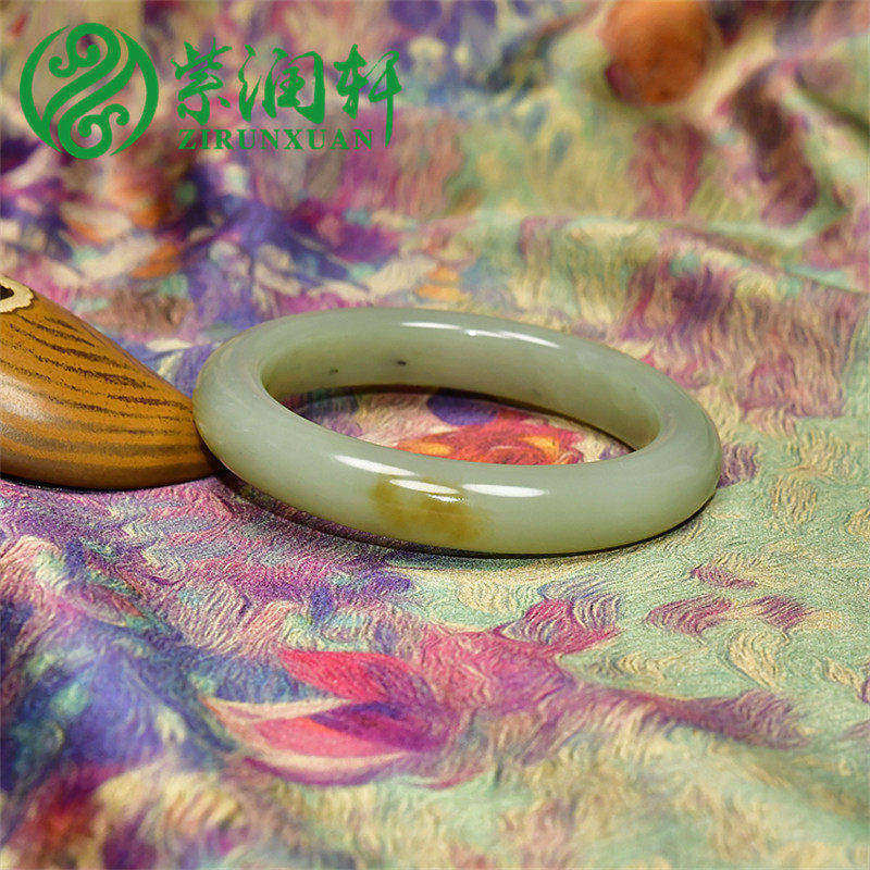 紫润轩新疆和田玉糖青白点墨青花手镯55 6MM且末料玉镯哑光女神款