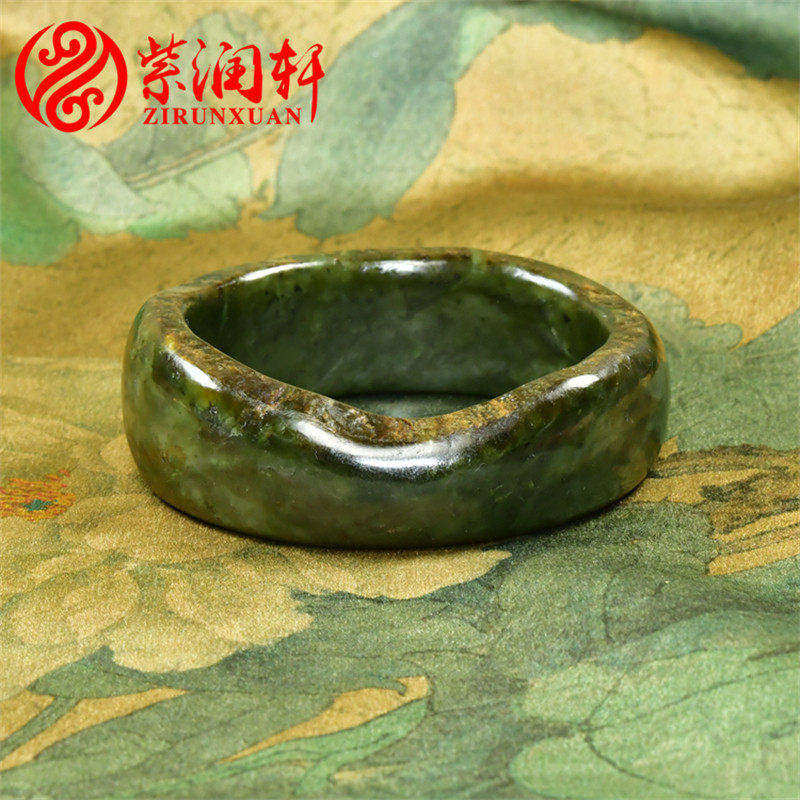 紫润轩新疆和田玉籽料青碧玉手镯满皮厚装哑光菠菜绿56随形传家级