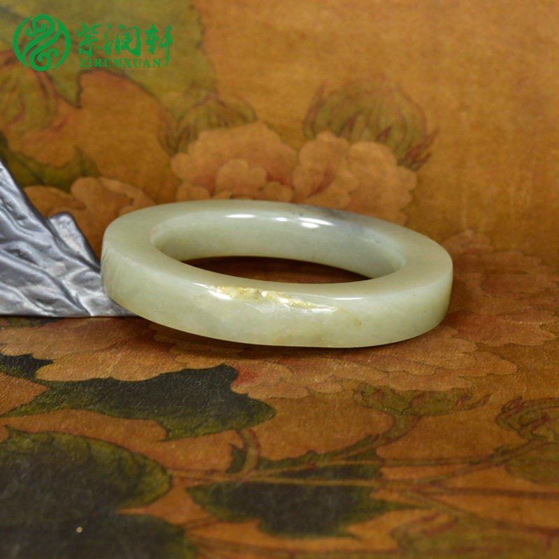 紫润轩新疆和田玉高青白玉籽料手镯飘青花方条留皮60MM哑光传家级