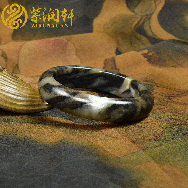 紫润轩新疆和田玉手镯糖青花56 5MM山流水白沁皮三色水墨意境传家