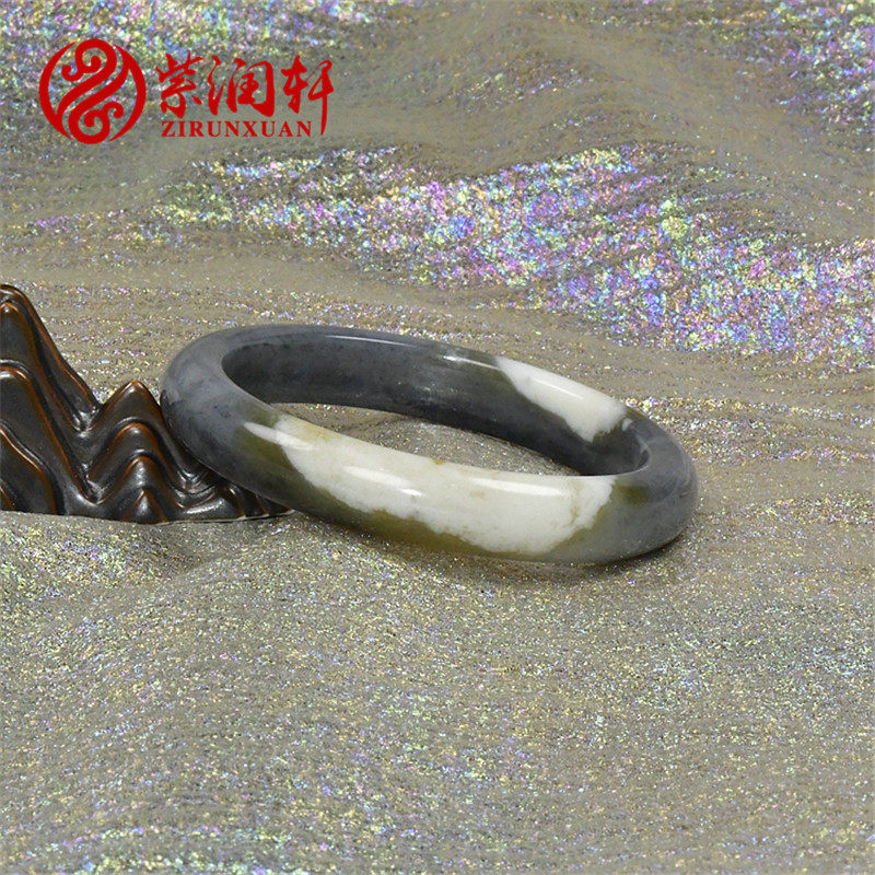 紫润轩和田玉糖青花山流水白沁皮手镯54 5MM圆条玉镯三色收藏级