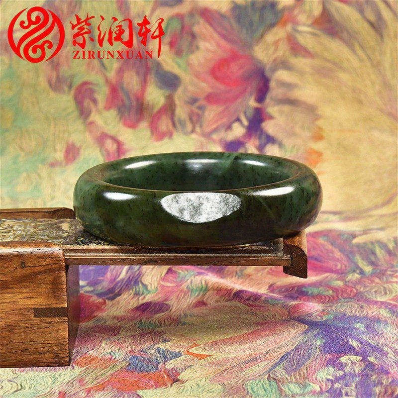 紫润轩新疆和田玉碧玉籽料手镯60MM飘糖菠菜绿玉镯宽版哑光传家级