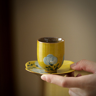 家用品茗杯功夫 手绘山茶花陶瓷茶杯杯垫单杯釉下彩主人杯中式