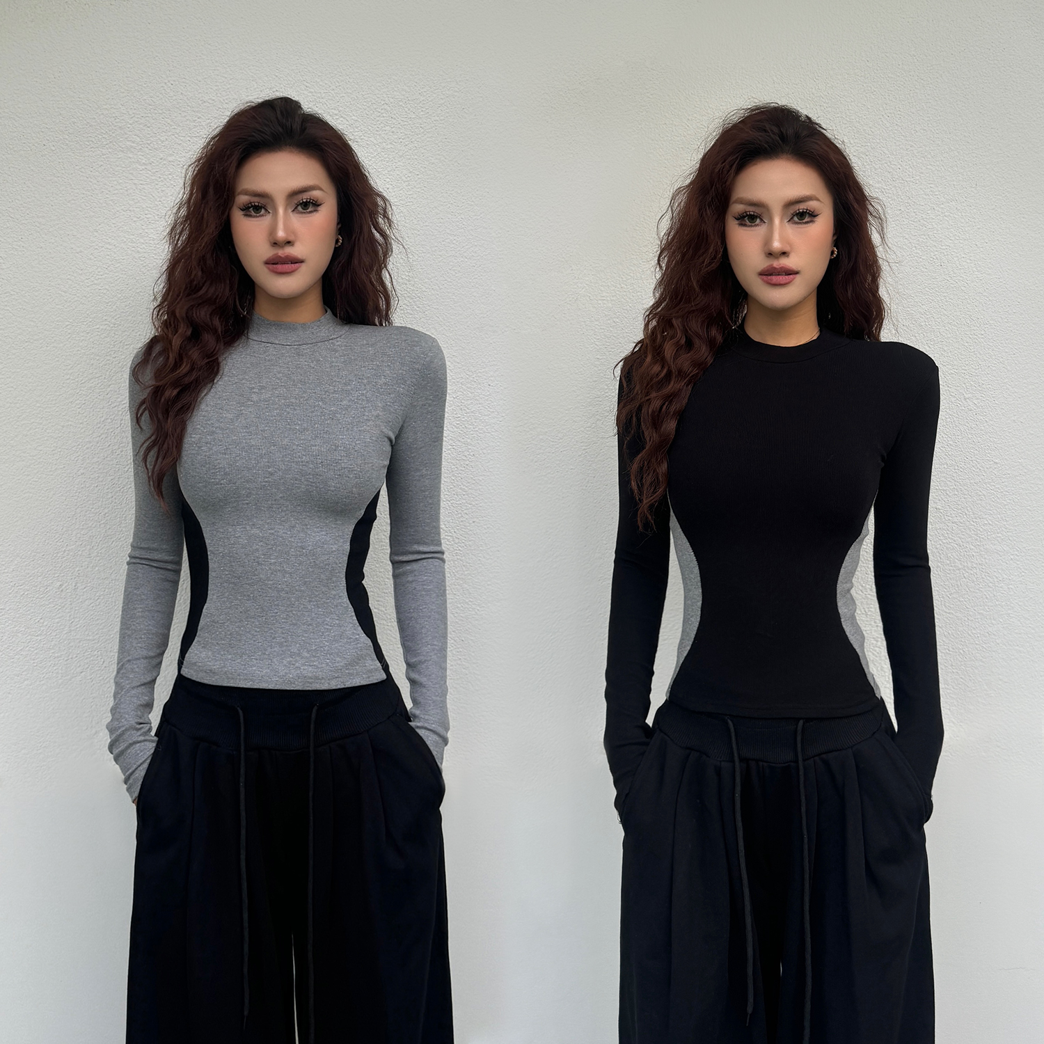 自制辣妹风双C蚂蚁腰撞色显瘦长袖T恤女秋冬加绒时尚内搭上衣