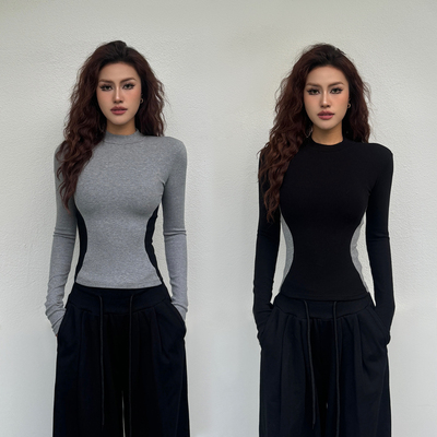 自制辣妹风双C蚂蚁腰撞色显瘦长袖T恤女秋冬加绒时尚内搭上衣532