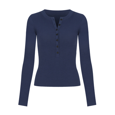 自制欧美七粒扣亨利衫长袖打底衫显瘦t恤螺纹紧身百搭上衣