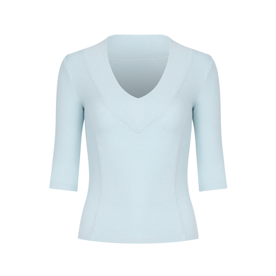 自制复古五分袖上衣中袖T恤打底衫女深V领韩版修身内搭738